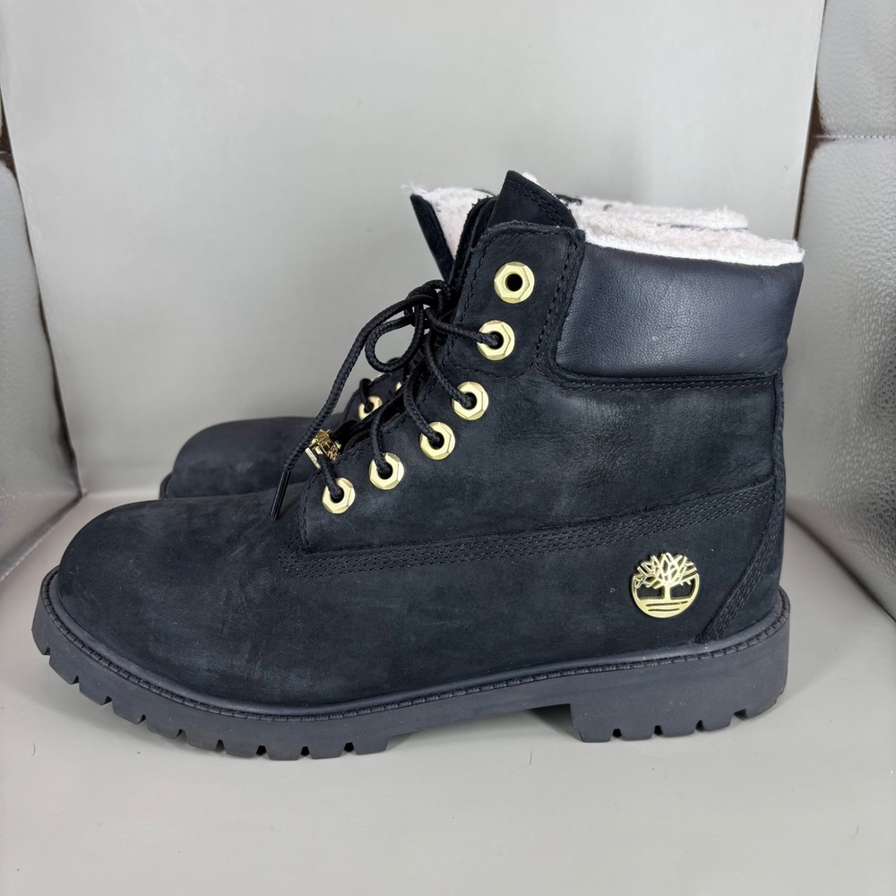 Timberland 6 Inch Premium Black Nubuck Gold Hardware Shearling Boots A433R 6.5Y - Picture 3 of 7